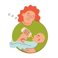 Sleepy frustrated mother feeding baby with bottle flat style vector illustration