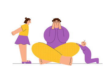 Frustrated parent with angry child and little baby. Mother and two kids flat style vector illustration.