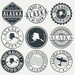 Alaska Set of Stamps. Travel Stamp. Made In Product. Design Seals Old Style Insignia.