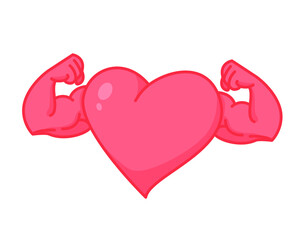 Strong heart character in cartoon style. Vector illustration of heart with muscular arms on white background as fitness and health concept.