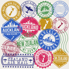 Auckland new Zealand Set of Stamps. Travel Stamp. Made In Product. Design Seals Old Style Insignia.