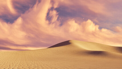 Abstract desert landscape with massive sandy dunes under scenic and dramatic cloudy sky at dusk or dawn. With no people minimalist wilderness scenery 3D illustration from my 3D rendering file. © Marsea