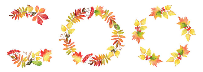 Set of modern autumn leaves frames. Wreaths made of hand drawn watercolor fallen leaves.

