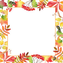 Frame with watercolor autumn colorful leaves on white background.