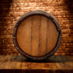 Fotobehang Old wooden barrel on table and free space for your decoration.  © magdal3na