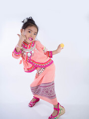 little girls wearing pink native dress on white background