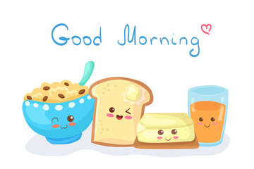 Kawaii Cereal Bowl, Toast with Butter & Orange Juice vector characters isolated on white background. Funny smiling breakfast. Cute food mascot illustration with lettering. Card, print, menu design.