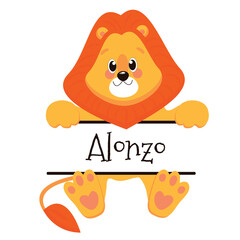 Cartoon vector illustration of sitting lion cub. Isolated over white.