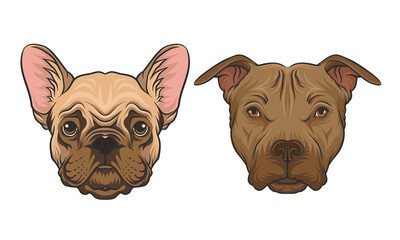 Bulldog and Pit Bull Terrier Muzzle with Fur Vector Set