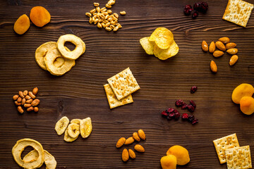 Pattern of snacks mix top view - nuts and dried fruits