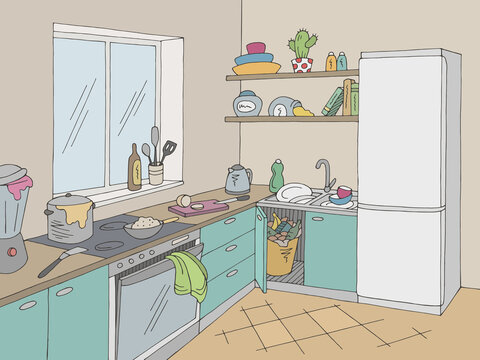 Kitchen mess room graphic color home interior sketch illustration vector  Stock Vector | Adobe Stock