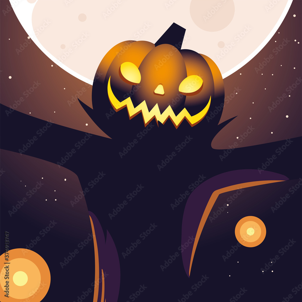 Wall mural halloween night background with full moon and scarecrow