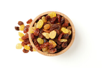 Bowl with raisins isolated on white background