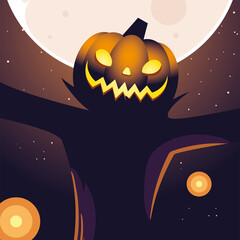 halloween night background with full moon and scarecrow