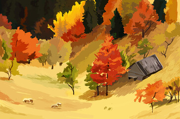 autumn leaves in the landscape forest with a lot of autumnal colors 