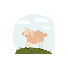 Funny hand drawn happy smiling sheep on a medow. Cute vector illustration on isolated background.