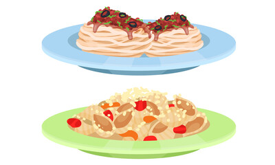 Pasta with Forcemeat and Vegetables Served on Plate Vector Illustration Set