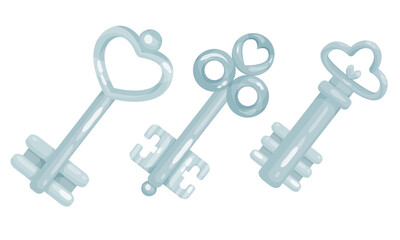 Silver Key as Device for Closing and Opening Door Vector Set