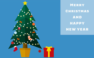 クリスマスツリーと足元に置かれたプレゼントのクリスマスカード
