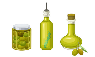 Jar of Golden Olive Oil and Canned Berries Vector Set
