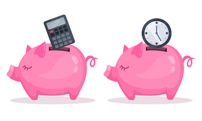 Pink Piggy Bank or Moneybox with Hole Vector Set