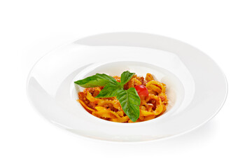 Pasta with tomato sauce isolated on white