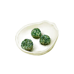 Watercolor Illustration of Chinese green tea balls in a small porcelain plate. isolated on white background.
