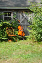 Wooden cello displayed outside.