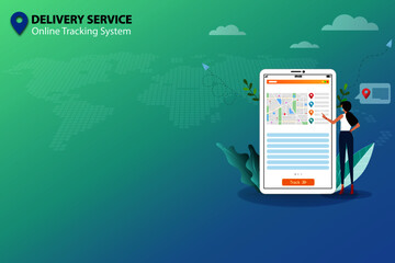 Concept of delivery service and online tracking system, young woman wear a medical green mask and standing in front of smartphone that the display show map and GPS to track shipment from online order.