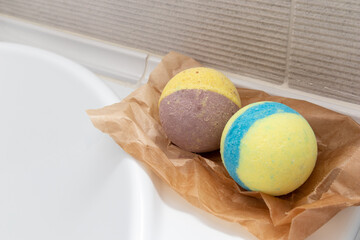 Hand made bath bombs for spa procedure on the bathr in the bathroom