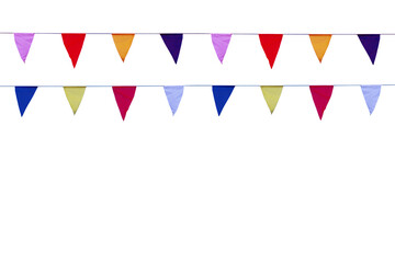 Obraz premium multicolored flags festival hanging with shadow on white wall background