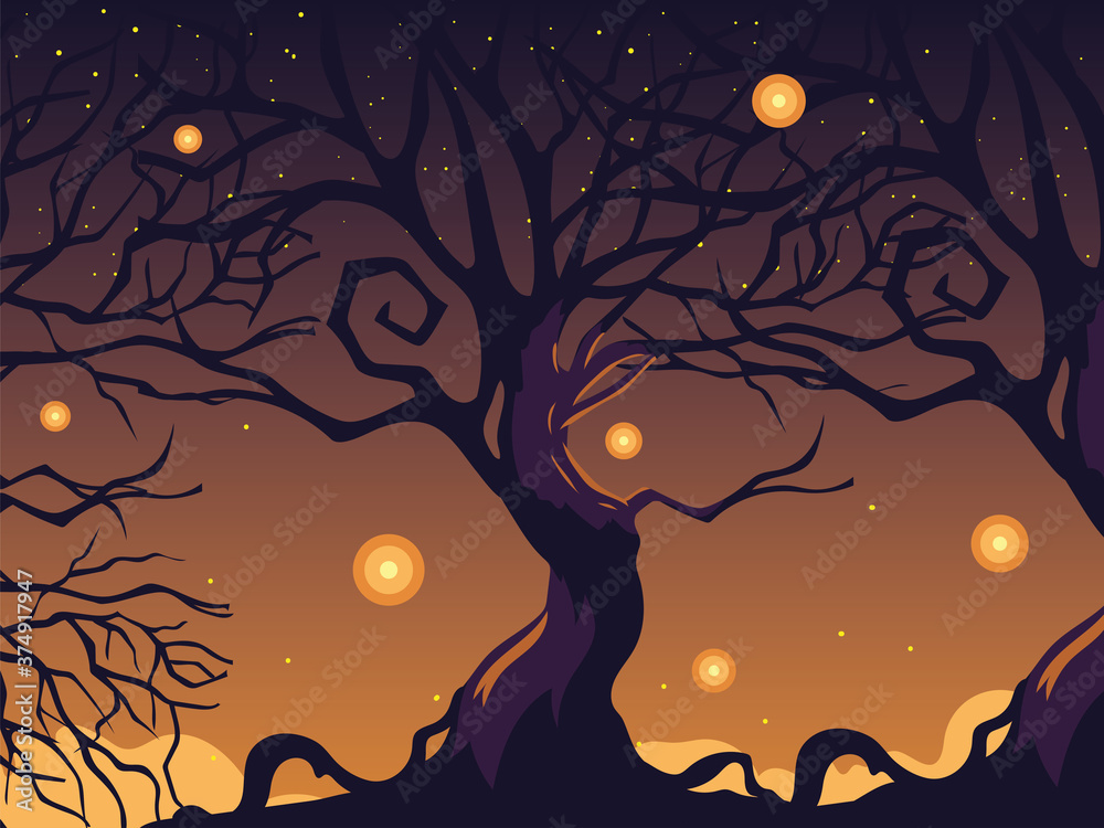 Sticker halloween dark night background with scary tree