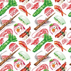 Raster illustration of sushi and rolls. Seamless seam, pattern, print. High detail rendering.