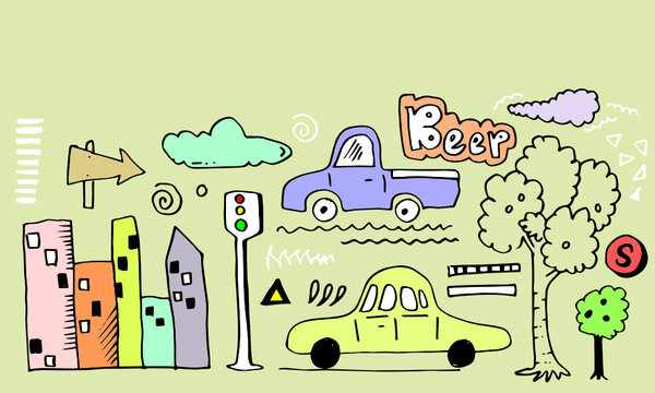 cute cars doodle cartoon with trees,flag,arrow,buildings,traffic and handwritten text:beep.vector illustration.
