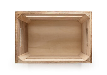 Empty wooden box, isolated from the white background. top view