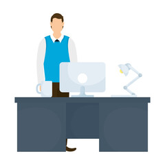 businessman worker with desk and desktop in workplace