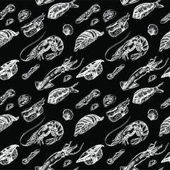 Vector illustration of sushi and rolls. Seamless seam, pattern, print. High detail rendering.