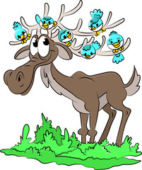 Cartoon deer standing happily with lots of blue birds on his horns vector illustration