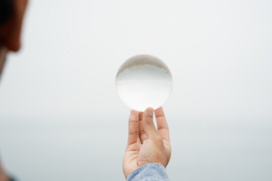 Glass, Hand, Views, Cliff, Vision, Sky, Sea, Globe, Sphere