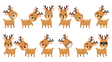 Set of expression of emotions of funny reindeer for Christmas decoration set isolated on white background. Vector Illustration.