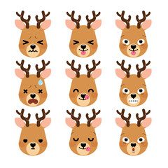 Set of cute cartoon reindeer emoji set isolated on white background. Vector Illustration.