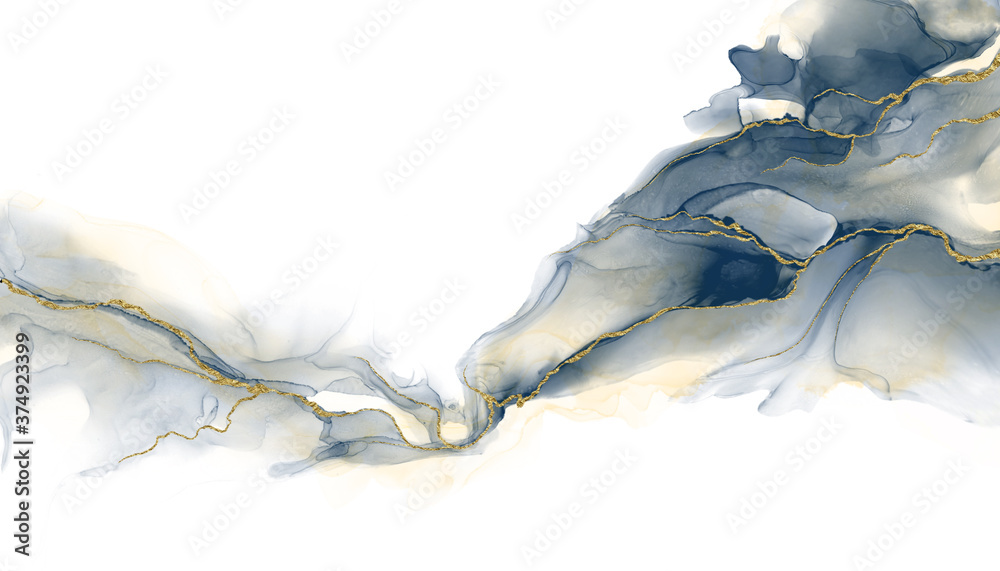 Poster abstract fluid art painting background alcohol ink technique deep blue and gold with text space for 