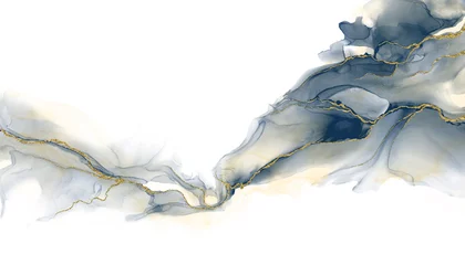 Foto auf Acrylglas Abstrakte flüssige Kunstmalerei Hintergrund Alkoholtintentechnik tiefblau und gold mit Textraum für Banner, Hintergrund im Luxusstil. © korkeng