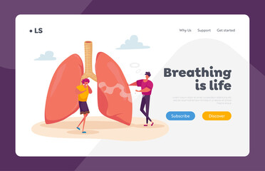 Pulmonology Asthma Disease, Respiratory System Health Landing Page Template. Female Character Coughing near Huge Lungs