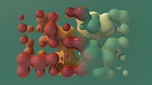 Green, orange, brown liquid balls. Abstract animation, 3d render.	