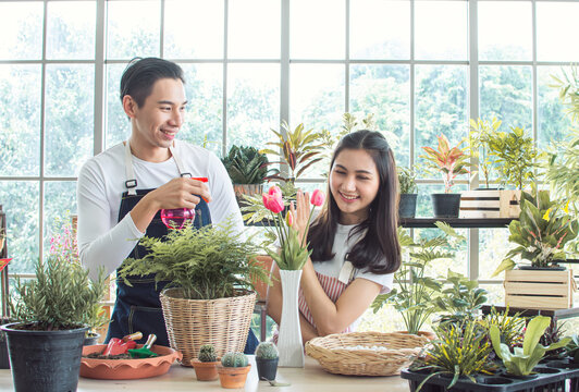 Young couple gardening plants together at home