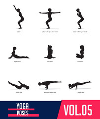 Yoga Poses silhouettes of woman doing yoga exercises in flat design. Icons set flexible girl stretching and relaxing body in different asana poses. Isolated black shapes of woman. Vector Illustration