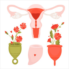 Zero waste menstrual period. Woman uterus organ. Vector flat set with eco friendly products - cups.