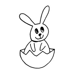 Cute Easter bunnies. Hand drawn vector illustration in doodle style. Festive characters with egg shell. Line art drawing