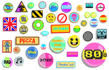 set of 1980's buttons and pins bright fun and colorful